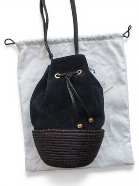 Cesta Collective Black Suede & Woven Sisal Bucket Bag NWT Italy Rwanda